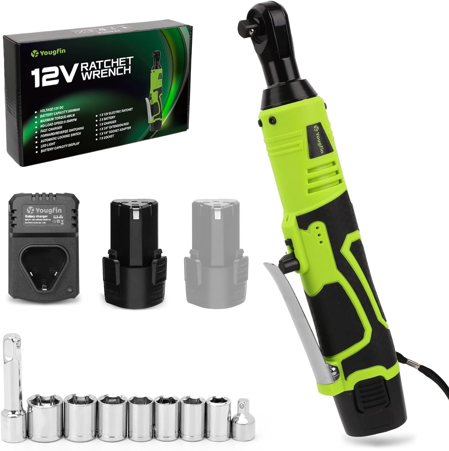 Yougfin Electric Cordless Ratchet Wrench Set 3/8 inch Drive, 40N.M High Torque P...
