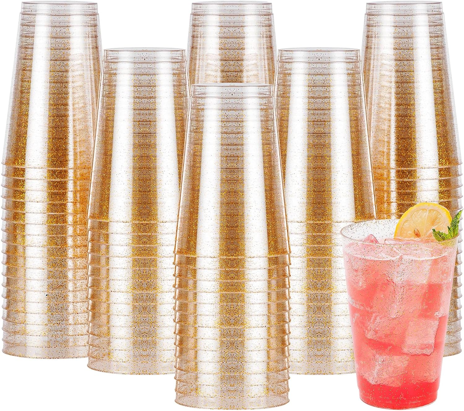Goodluck 200PCS 14oz Glitter Plastic Cups for Party, Disposable Gold Plastic Cup...