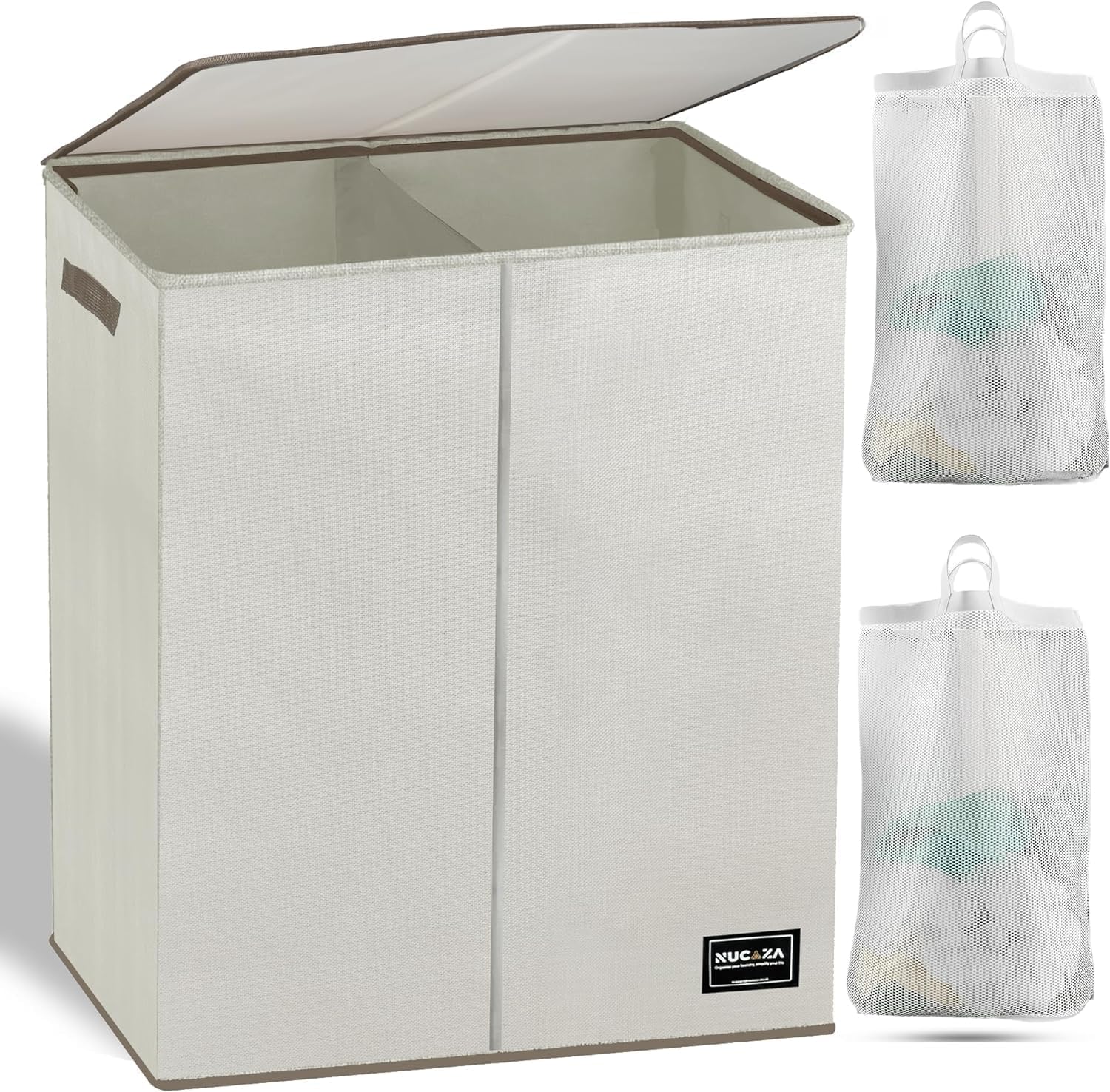 NUCAZA 145L Double Laundry Basket with Lid & Removable Laundry Bags, 2 Compartme...