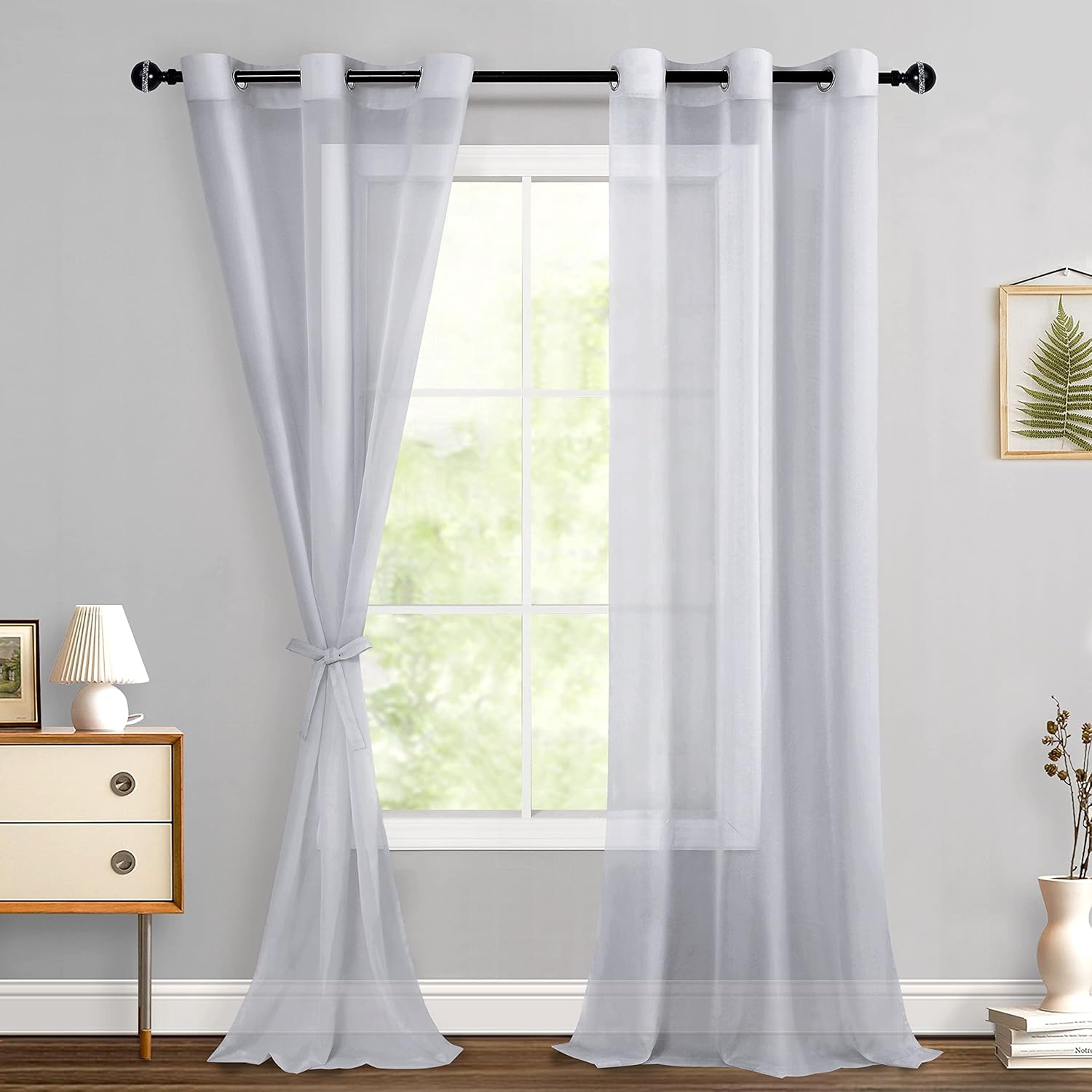 Hiasan Sheer Curtains 96 Inches Long with Tiebacks, Light Filtering Breathable V...