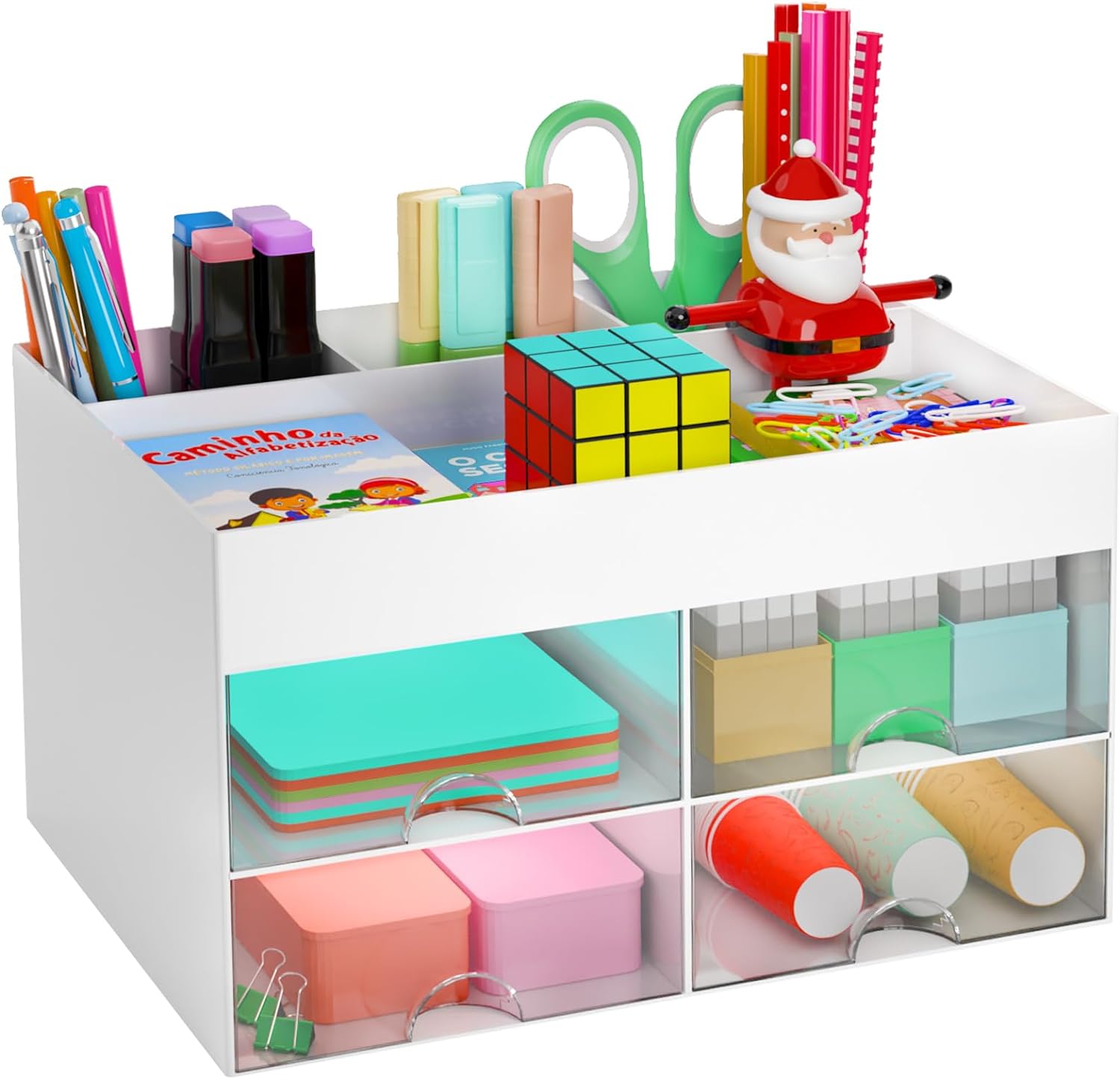 Desk Organizer and Accessories with 4 Compartments and 4 Drawers, Plastic Makeup...