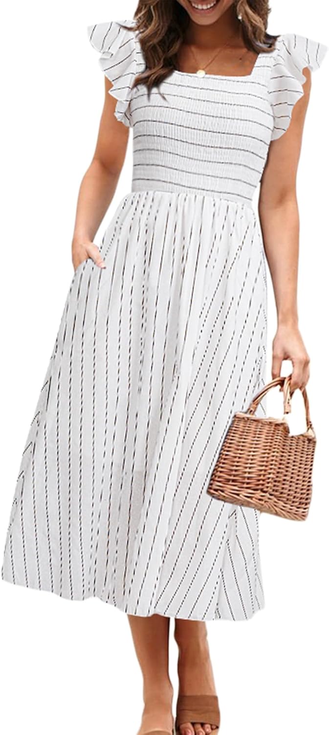 Miessial Women's Striped Linen Midi Dress Elegant Square Neck Ruffle Cap Sleeves...