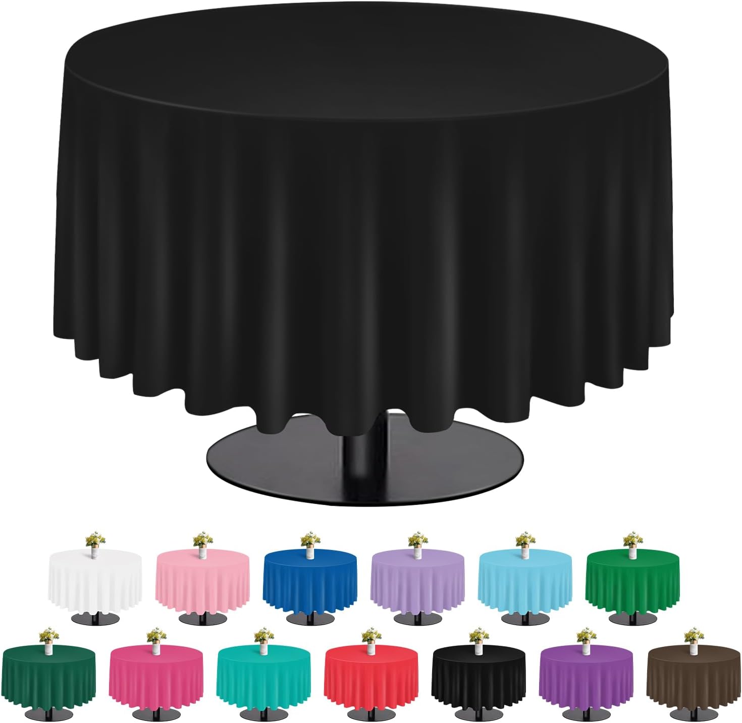Black 6 Pack Plastic Table Cloth 84", Disposable Round Tablecloth Table Cover, P...