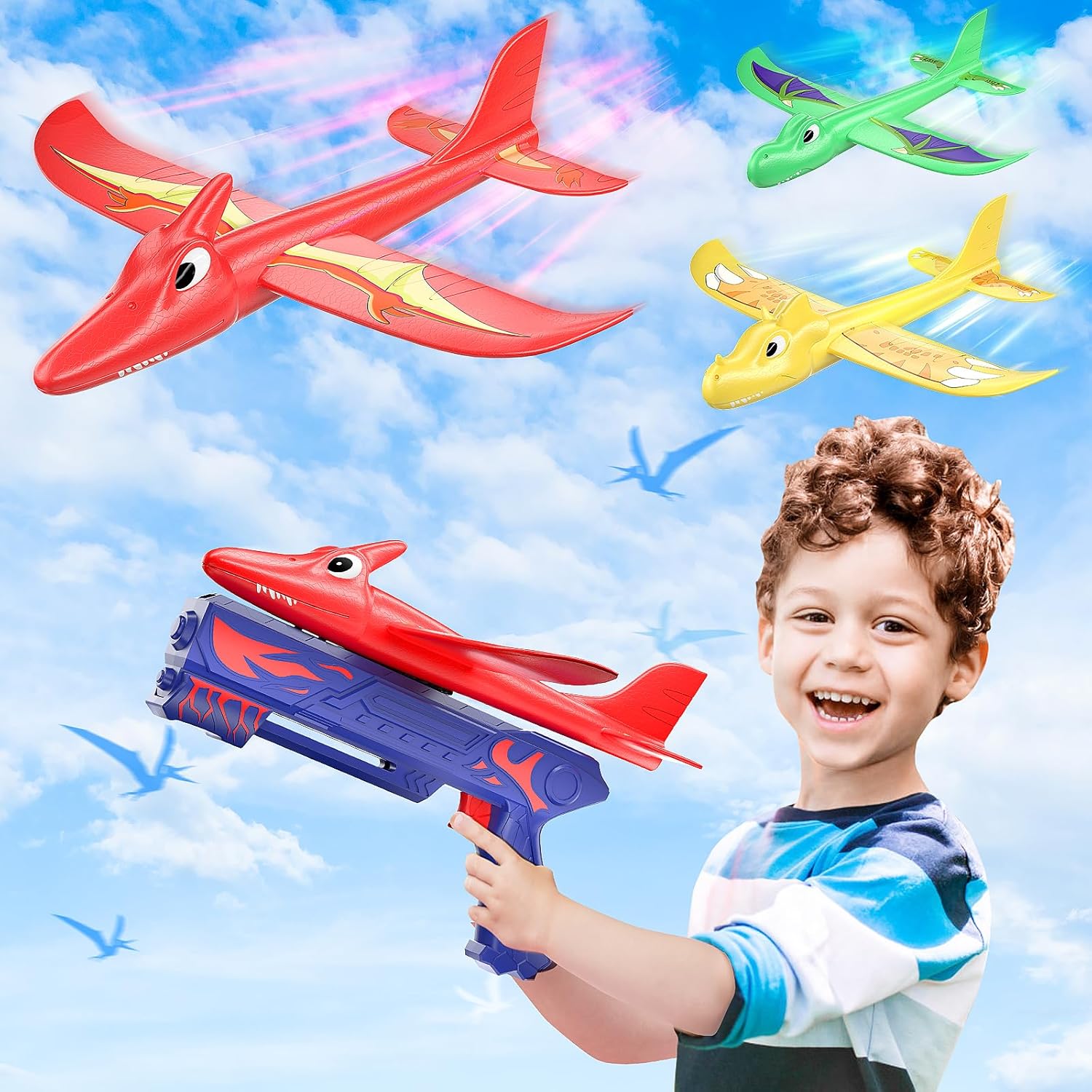 3 Pack Dinosaur Airplane Launcher Toys, 2 Flight Modes Kids Outdoor Flying Toys...