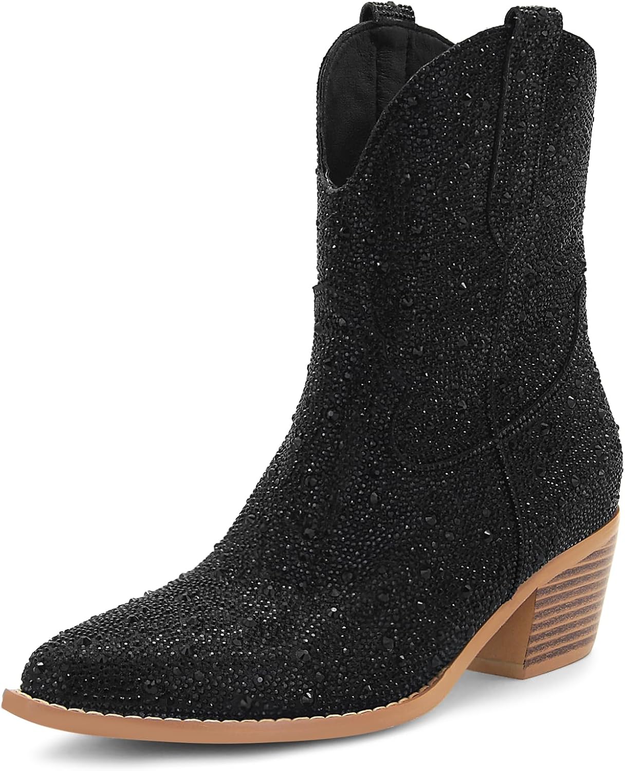 Women's Rhinestone Cowboy Boots Pointed Almond Toe Block Heel Sparkly Cowgirl Bo...