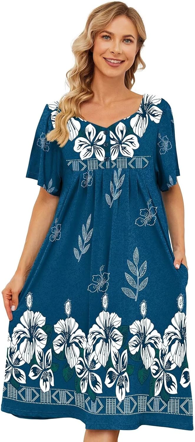 House Dresses for Women with Pockets Moo Moo Nightgown Short Sleeve Mumu Dress L...