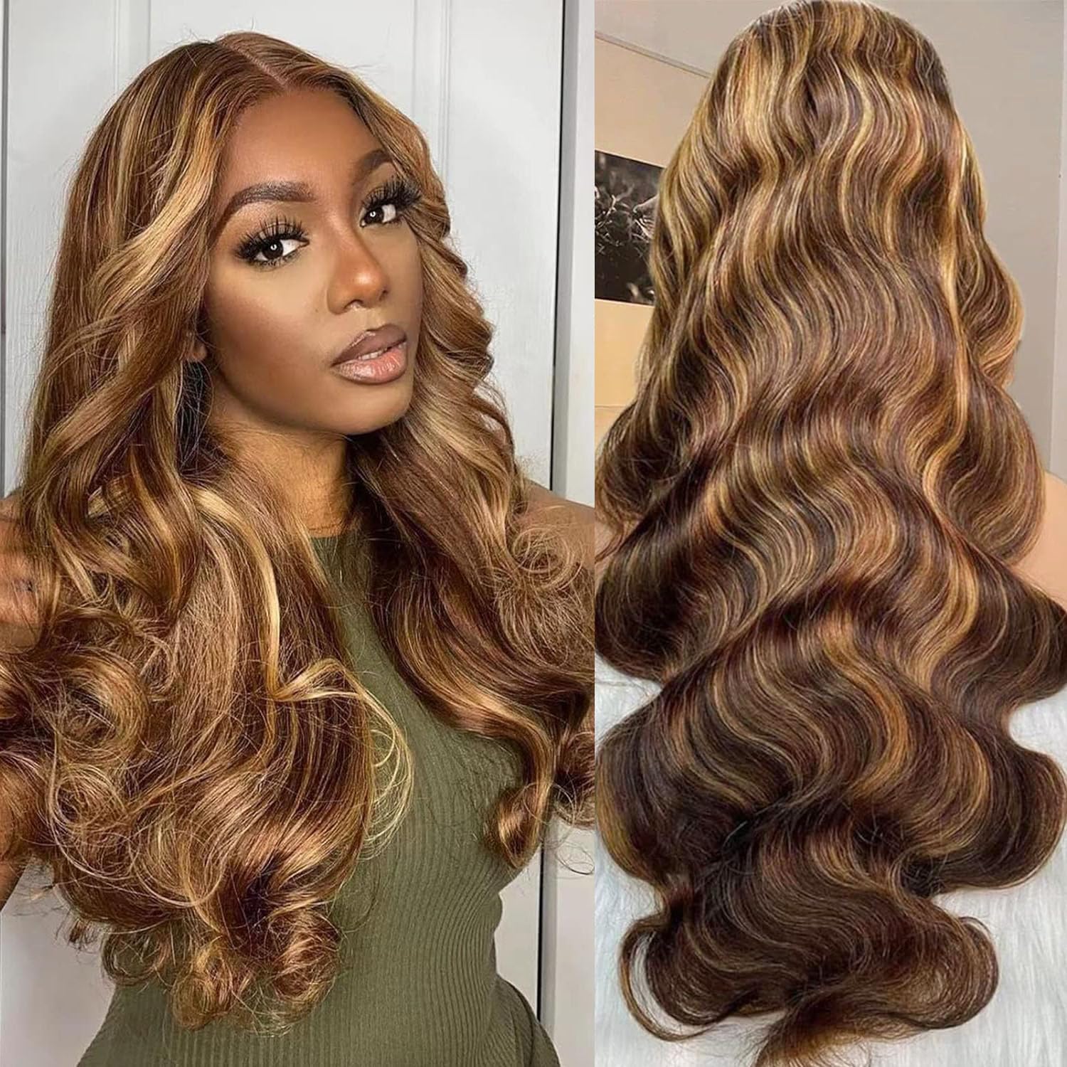 Ombre Lace Front Wig Human Hair - 4/27 Body Wave Highlight Lace Front Wig Human...