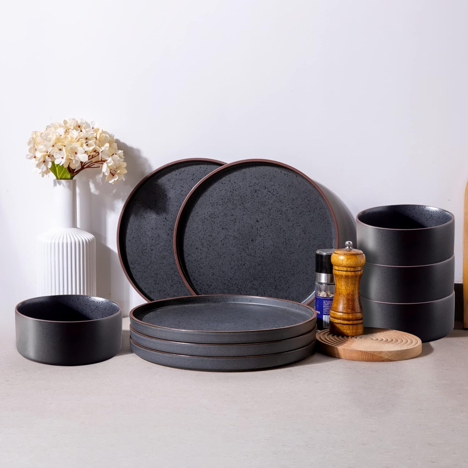 Ceramic Dinnerware Sets of 4, Speckled Stoneware Plates and Bowls Set, Chip and...