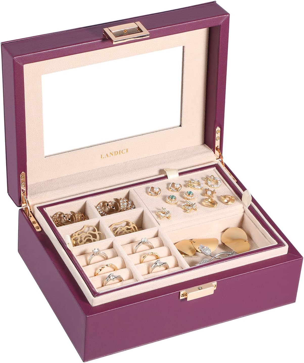 LANDICI Jewellery Box Organiser for Women Girls, Jewellery Storage Case with Mir...