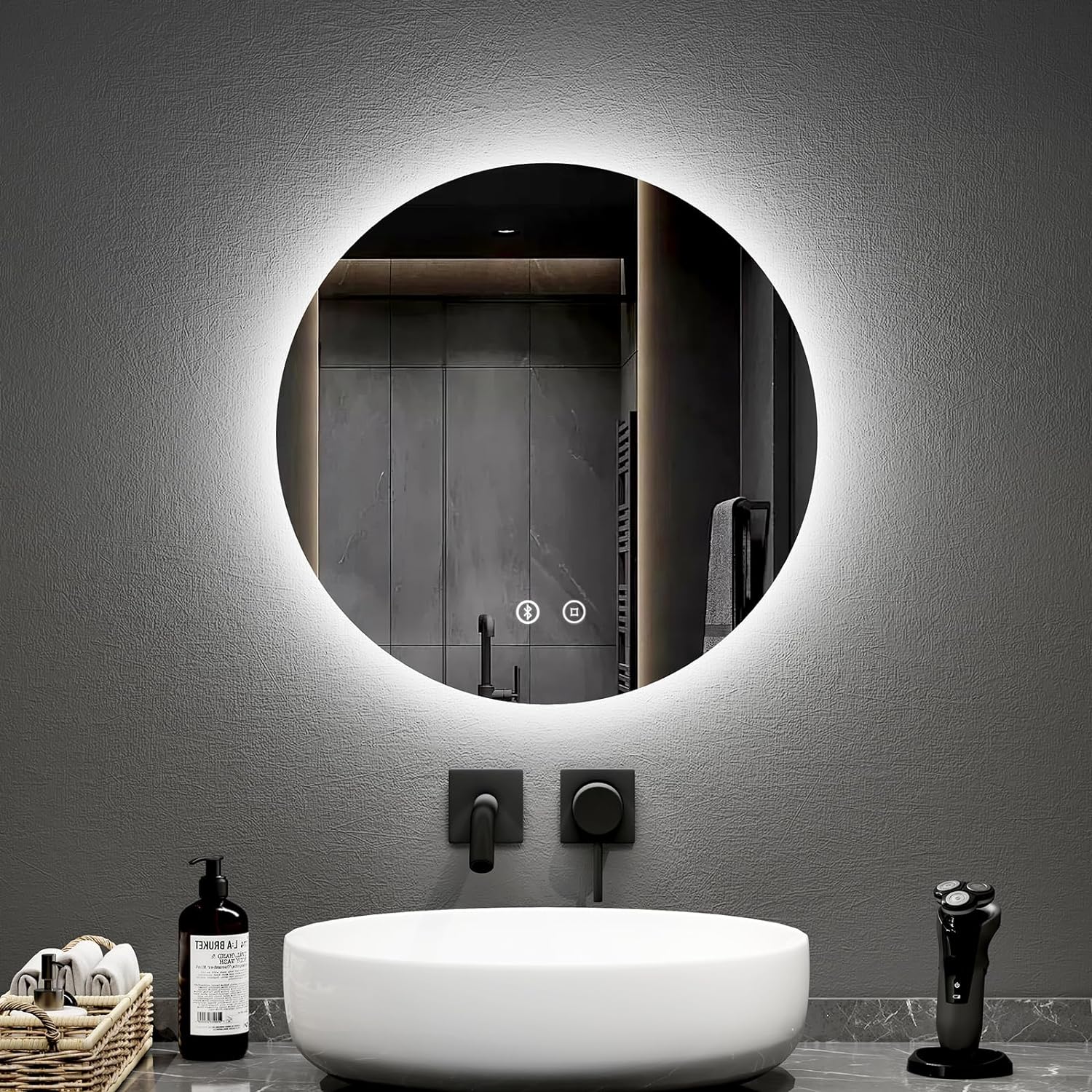 EMKE Bluetooth Round Bathroom Mirror with Led Lights, 50CM Illuminated Frameless...