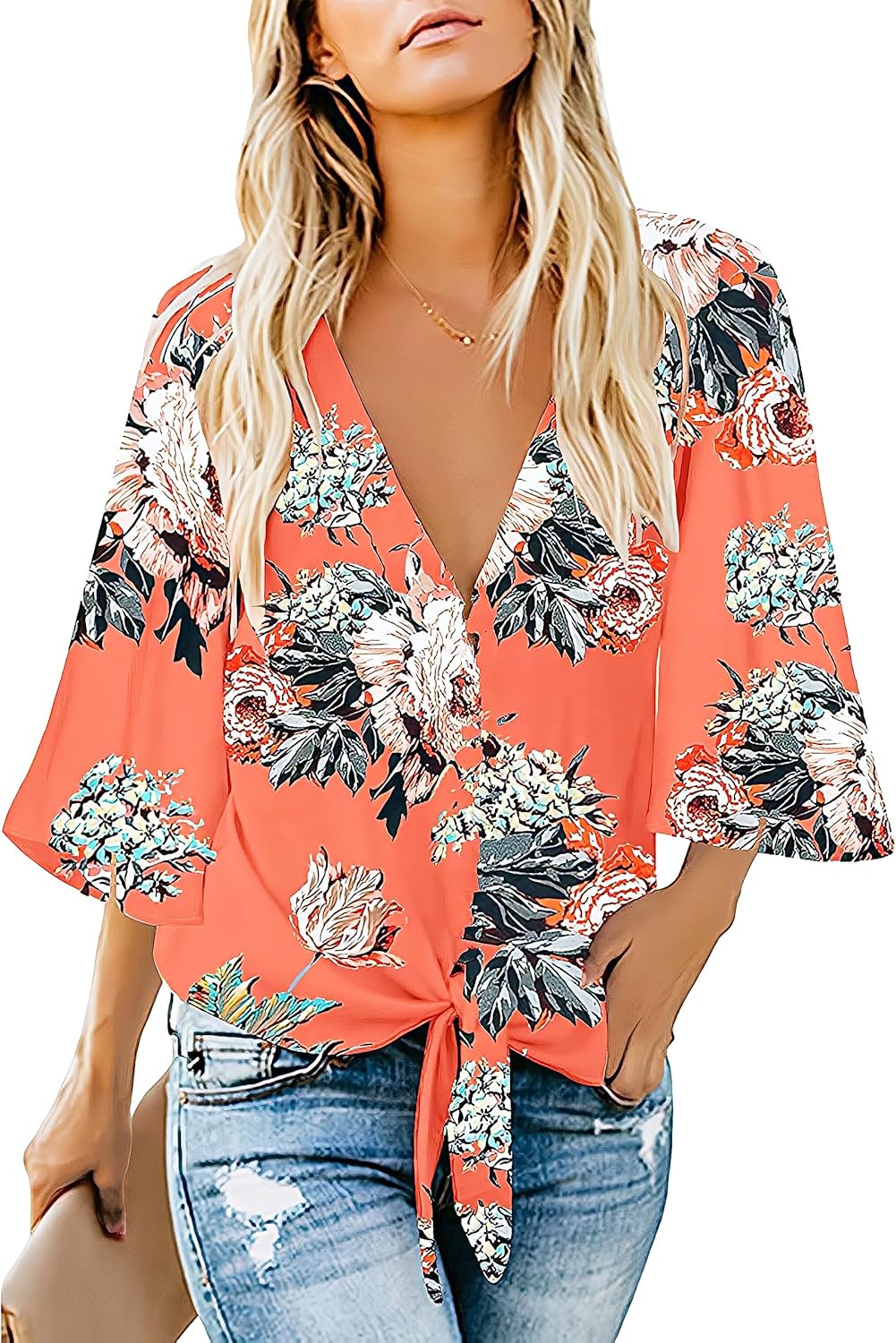 Women's Casual Floral Blouse Batwing Sleeve Loose Fitting Shirts Boho Knot Front...
