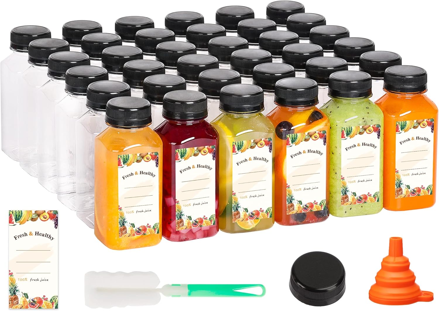 Moretoes 134pcs Juice Bottles, 8oz Plastic Empty Reusable Juicing Bottles with C...