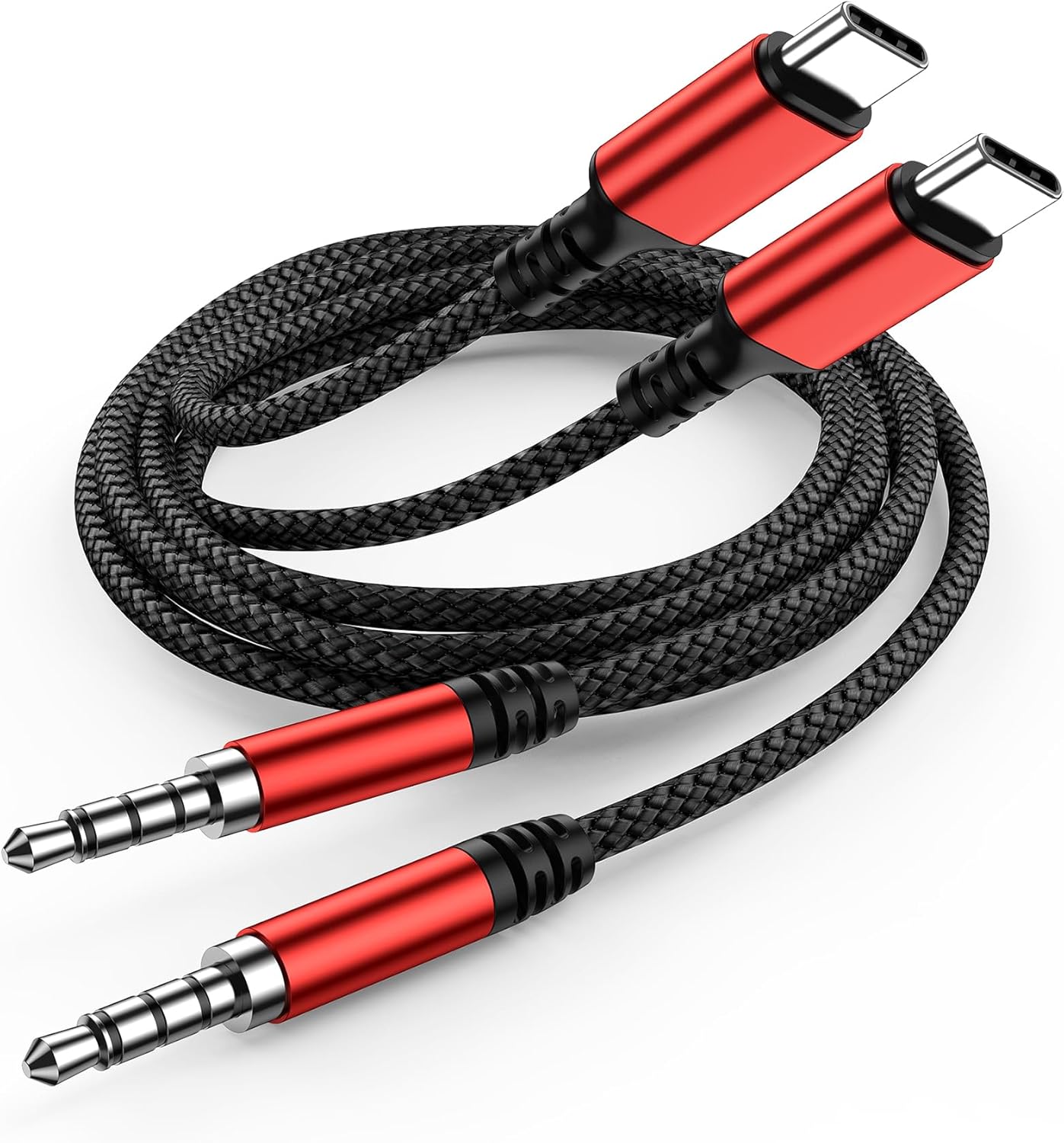 Highwings USB C to 3.5mm Aux Audio Cable (Red, 2-Pack) for iPhone 15, Galaxy S23...