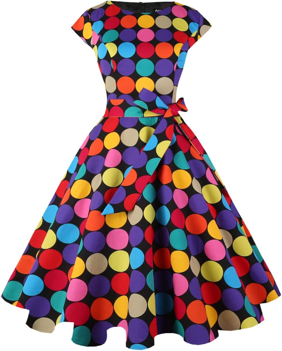 PUKAVT Women's 1950 Boatneck Cap Sleeve Vintage Swing Cocktail Party Dress with...