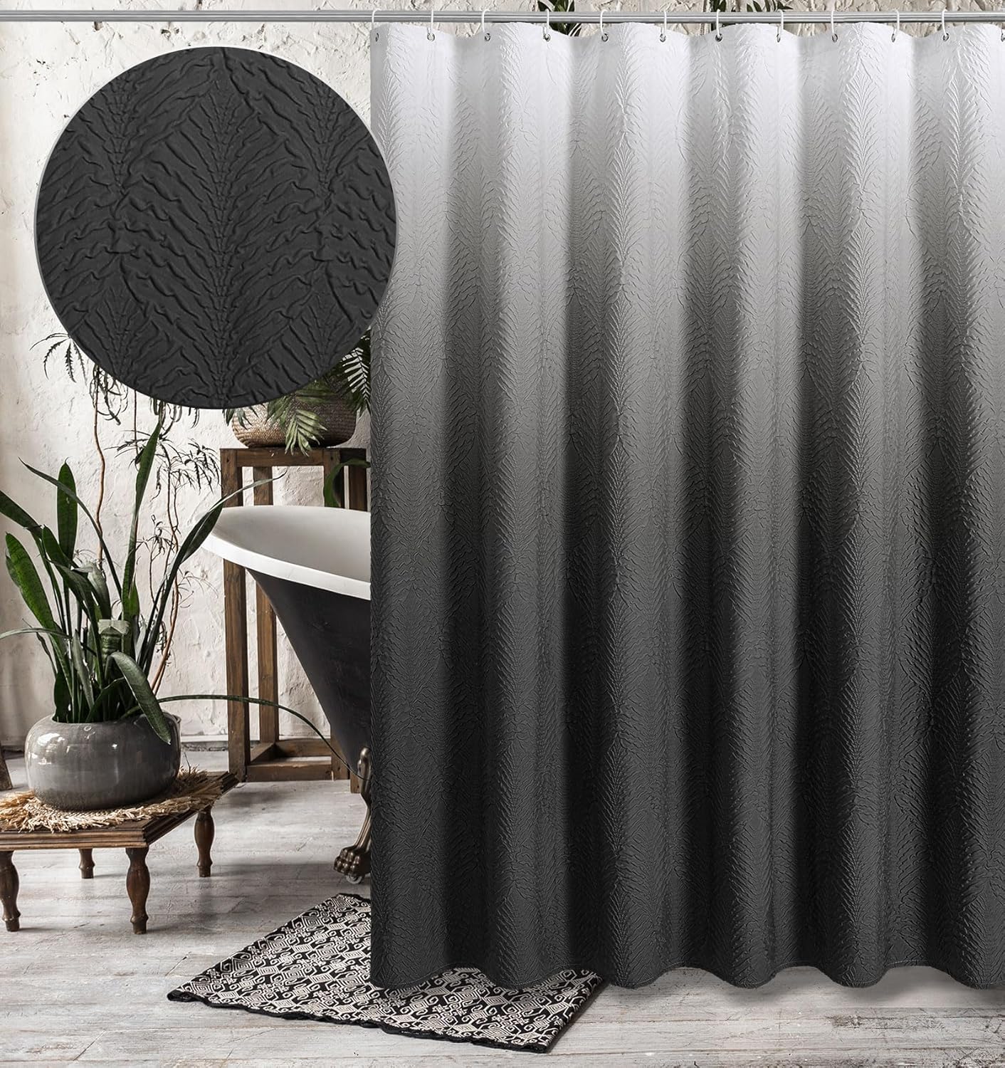Gibelle Ombre Black Shower Curtain for Bathroom, 3D Embossed Textured Fabric Sho...