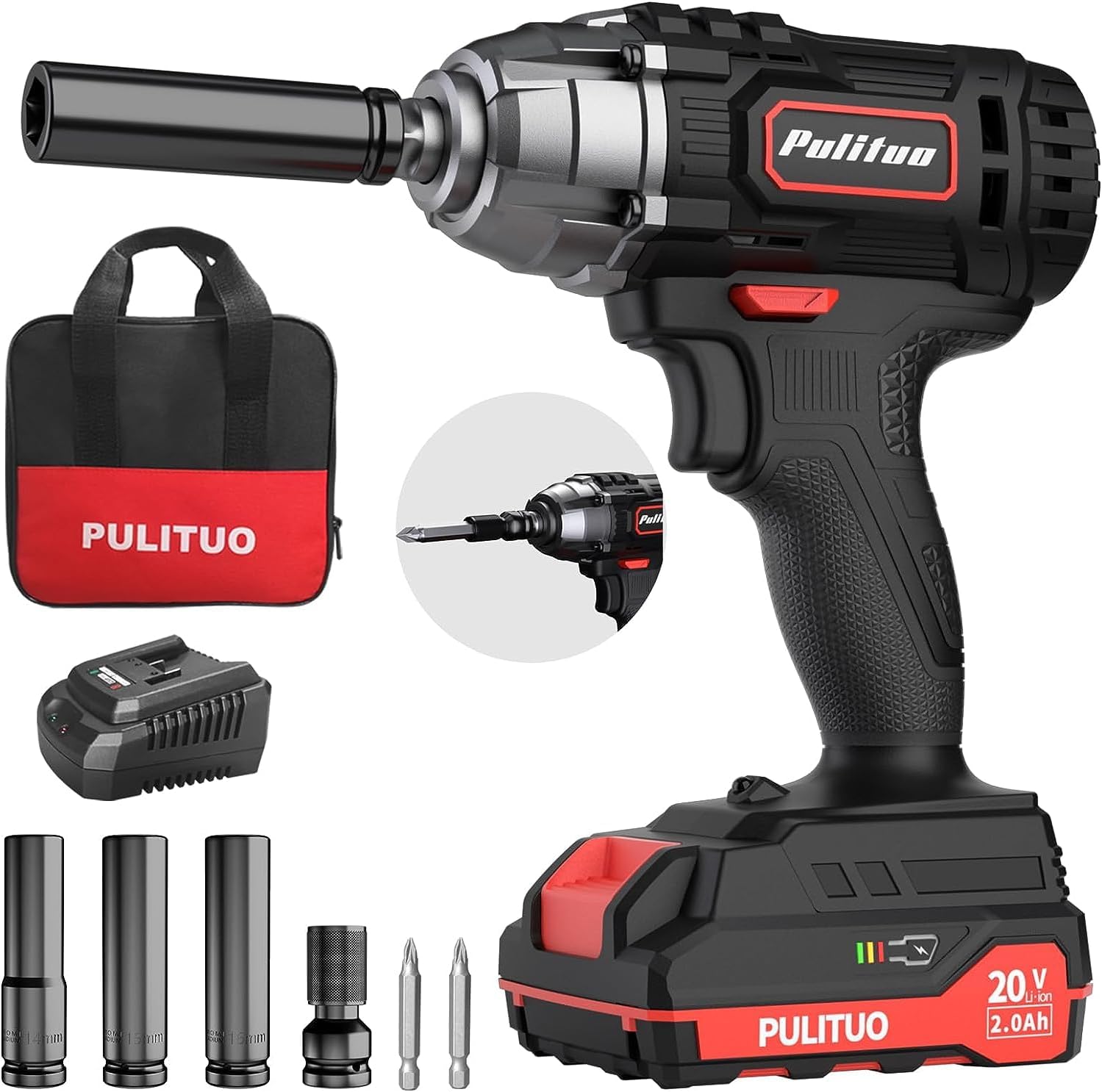 PULITUO 20V 1/2 Inch Cordless Impact Wrench, Electric Impact Gun 2.0Ah Battery a...