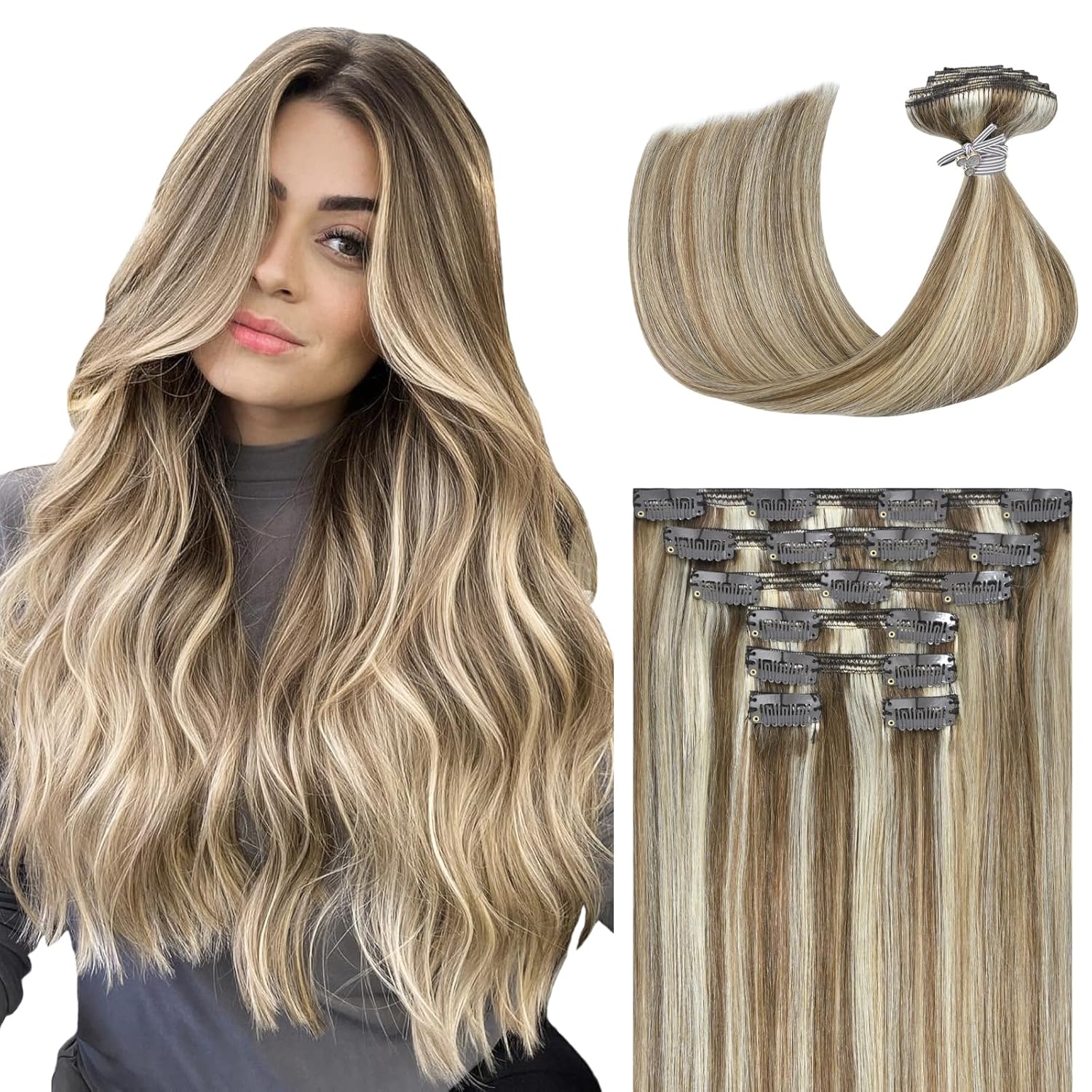 Blonde Clip in Hair Extensions Real Human Hair, 12 Inch 100g Ash Blonde Mixed Bl...