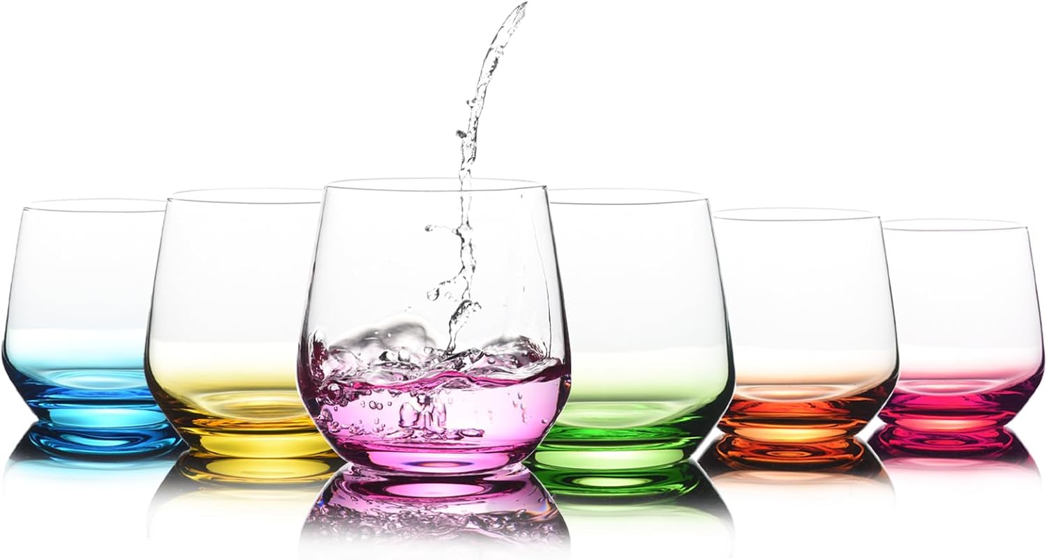 Stemless Wine Glass Set of 6 - Hand Blown Colored Short Wine Tumblers - 15 oz El...