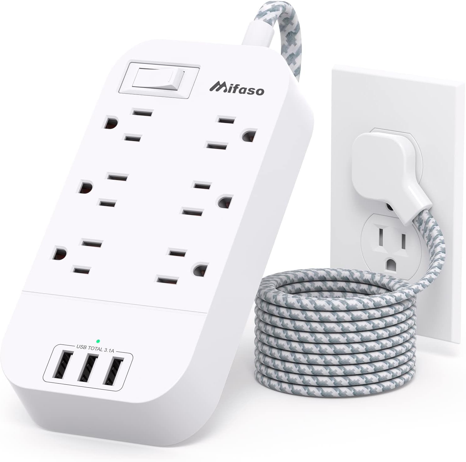 Flat Power Strip - 5 FT Plug Extension Cord, 6 Outlets 3 USB Ports Outlet Extend...