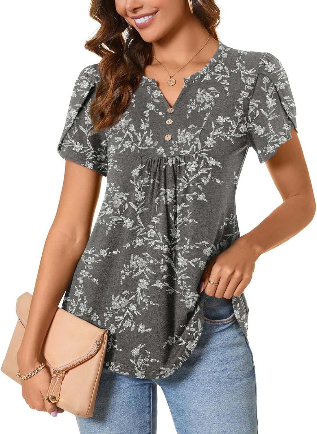 BISHUIGE Womens Casual Summer Top V Neck Loose Tunic Button Ruffle Sleeve Pleate...