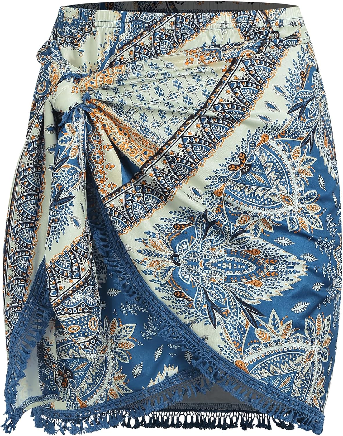 ZAFUL Slit Skirt for Women Boho Print Tie Side Wrap Tassel Casual Beach Mini Ski...