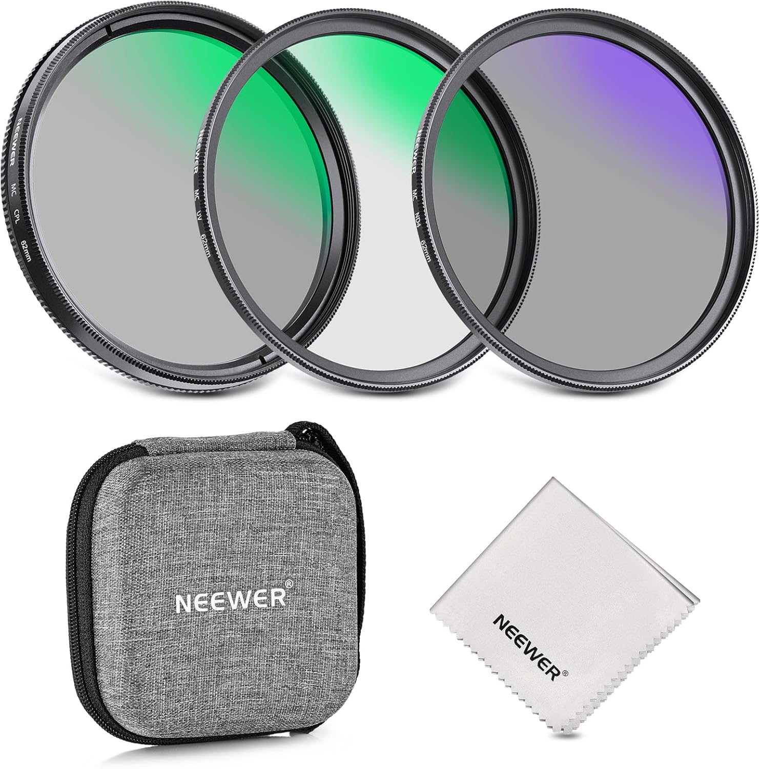 NEEWER 62mm UV&CPL&ND4 Lens Filter Kit with Hard Shell Bag, Optical Glass & Alum...