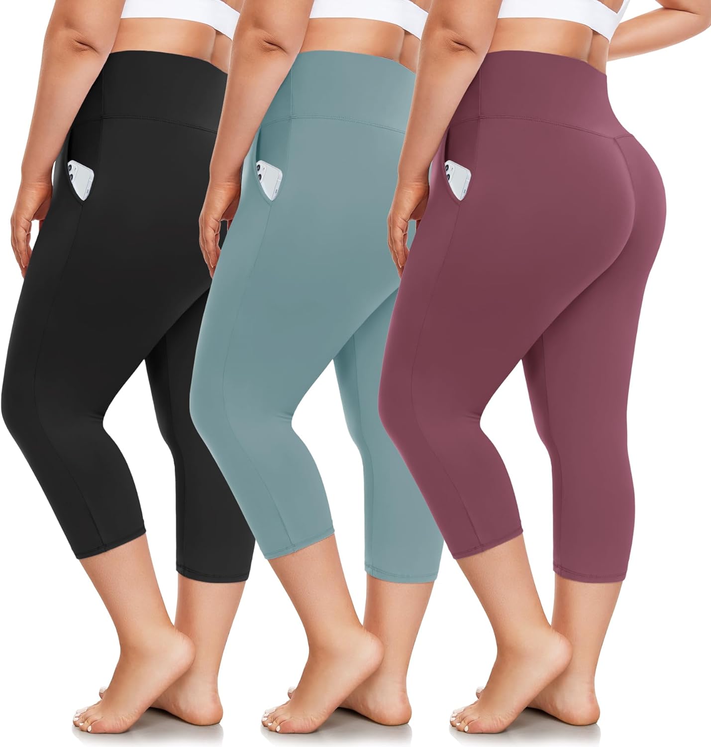 FULLSOFT 3 Pack Plus Size Capri Leggings with Pockets for Women -High Waist Stre...