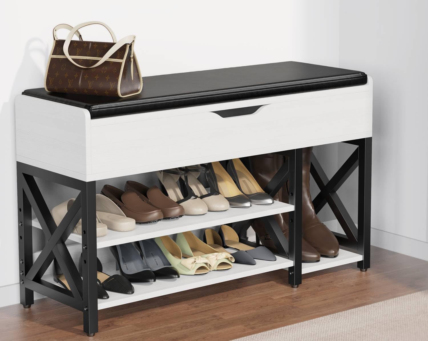 Shoe Bench, Lift Top Shoe Storage Bench, Adjustable Shelf Entryway Bench with Cu...