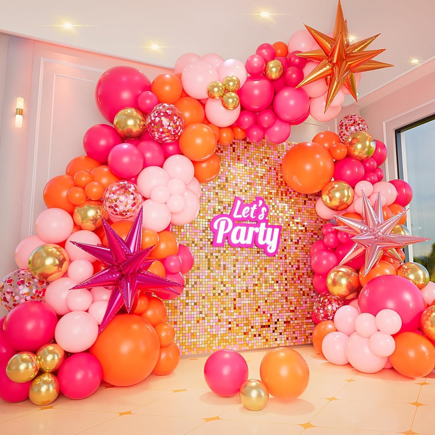 Pink and Orange Balloon Arch Kit, Hot Pink Orange Metallic Gold Latex Balloon Ga...