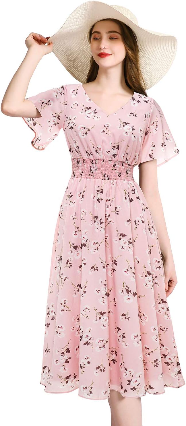 Chiffon Floral Summer Sun Beach Dresses for Women 2023 with V Neck Elastic Waist...
