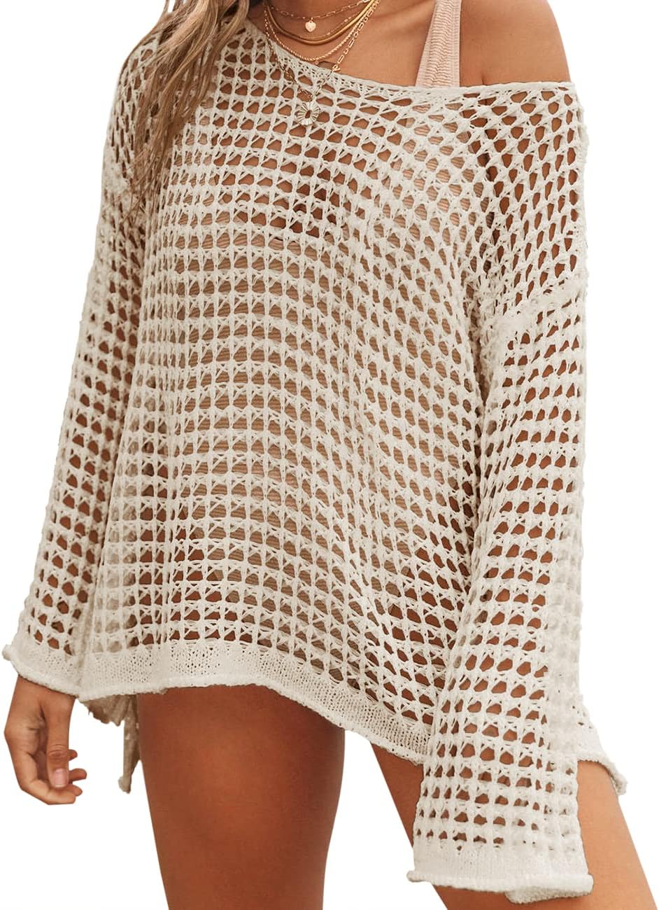 Beach Coverup for Women Bathing Suit Coverup Long Sleeve Beach Cover Up Apricot...