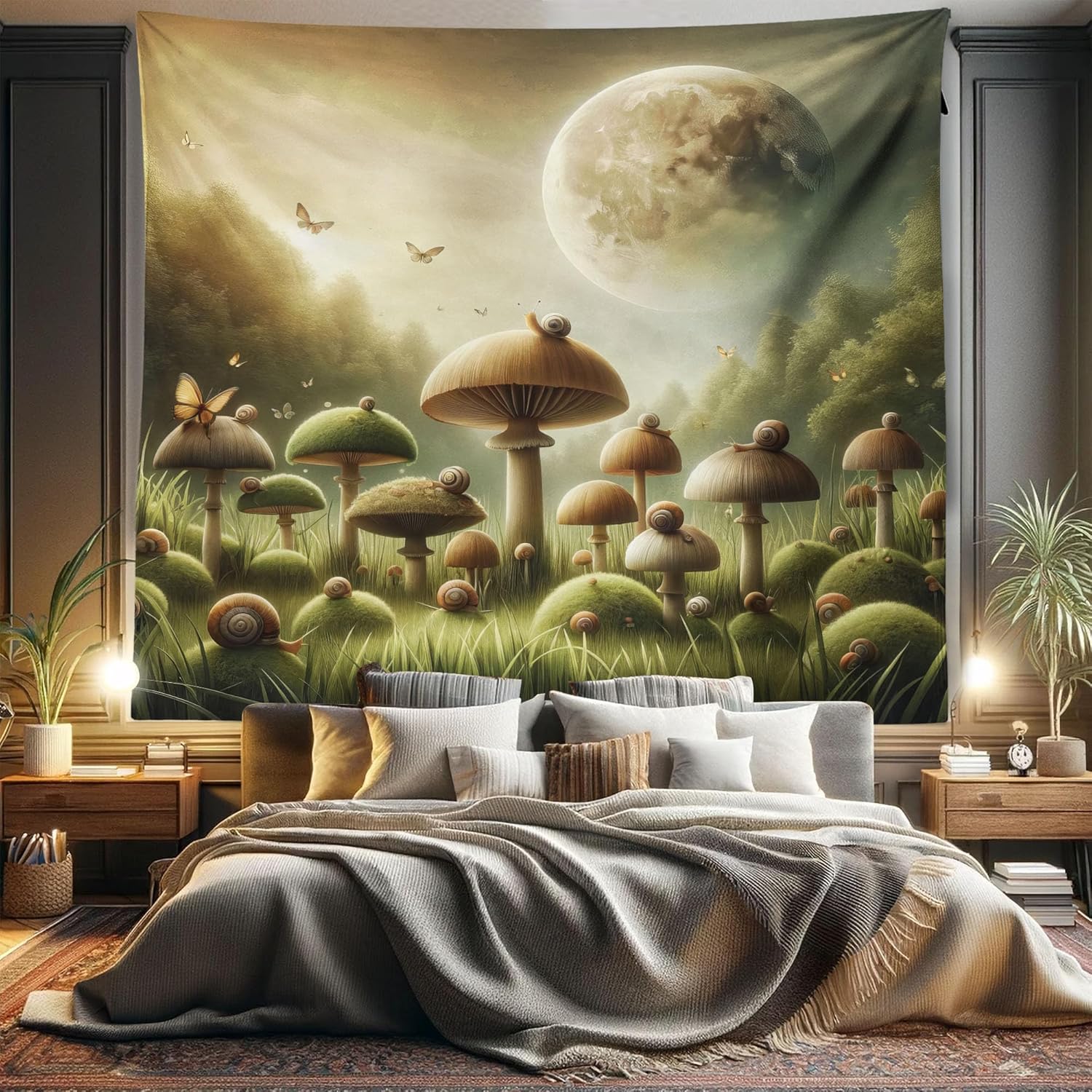 Ambesonne Mushroom Tapestry King Size, Dreamy Space Aura Fantasy Meadow Illustra...