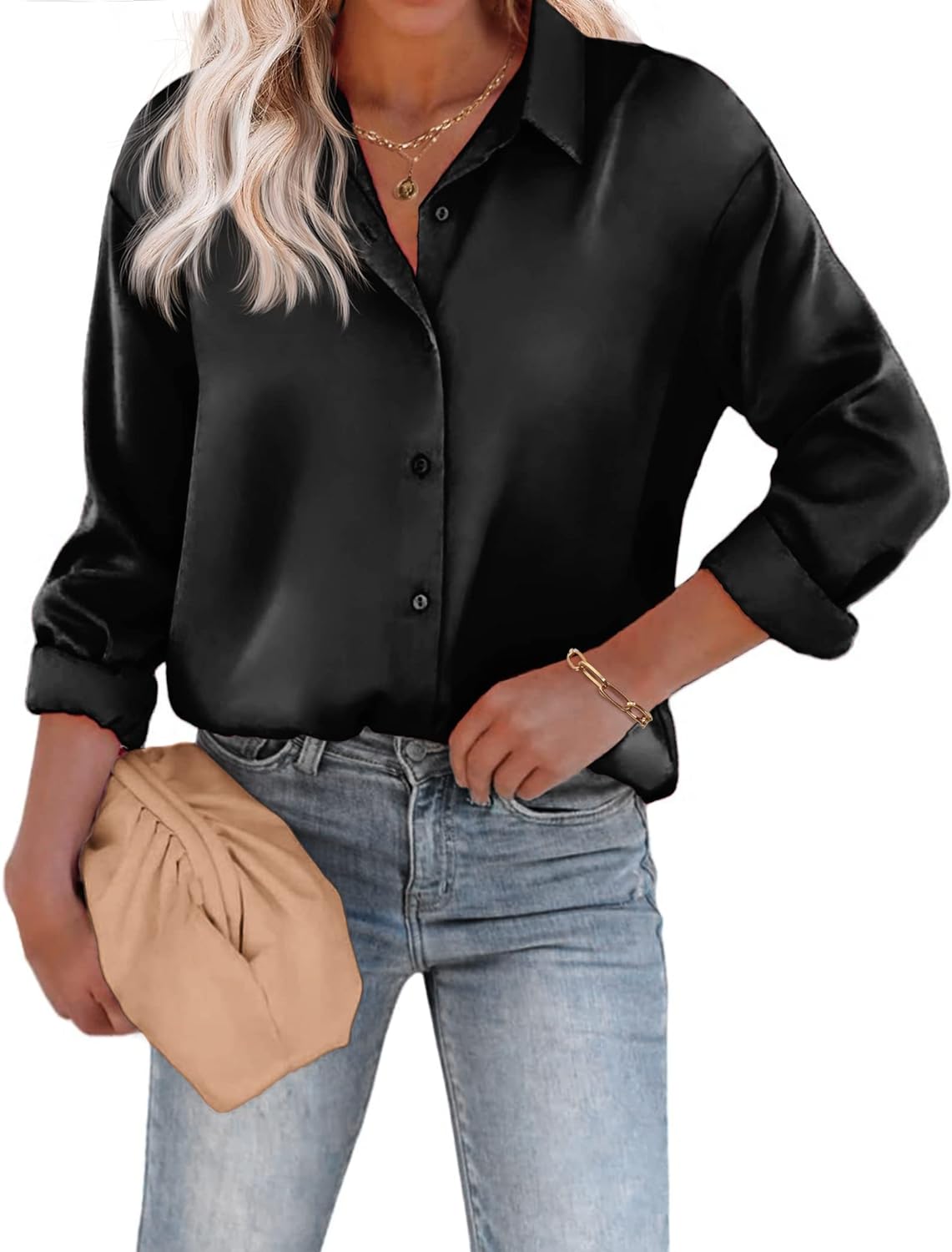 Chigant Women's Blouse Satin Silk Shirts Button Down Shirts Casual Loose Long Sl...