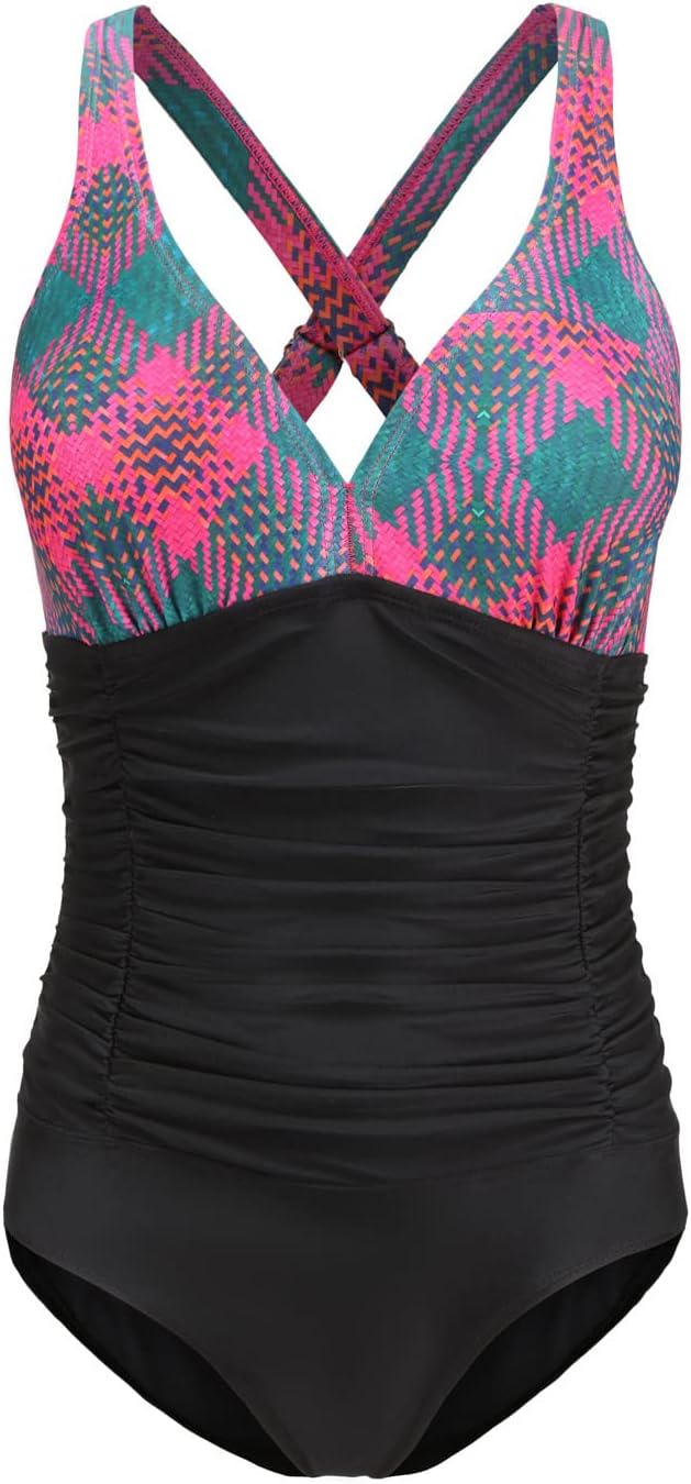 F FLYRONG Swimming Costume Women Ruched Tummy Control Swimwear V Neck One Piece...