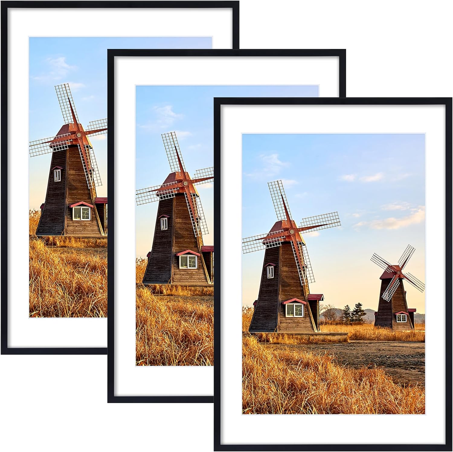 Picture Frame, 24x36 inches, Black, Set of 3, Plexiglass, Wall Gallery Frame for...
