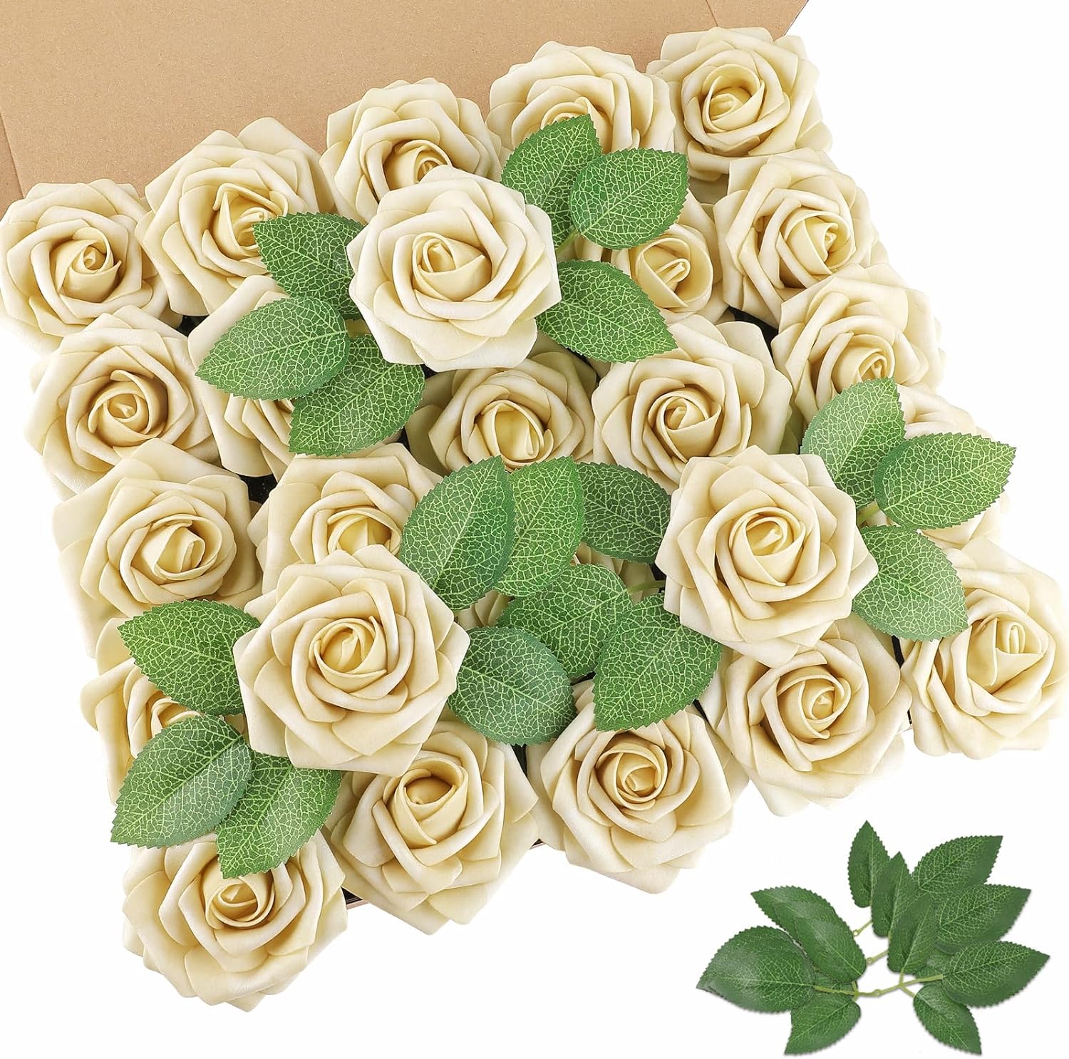AmyHomie 25pcs Real Looking Artificial Beige Roses w/Stem for DIY Wedding Bouque...