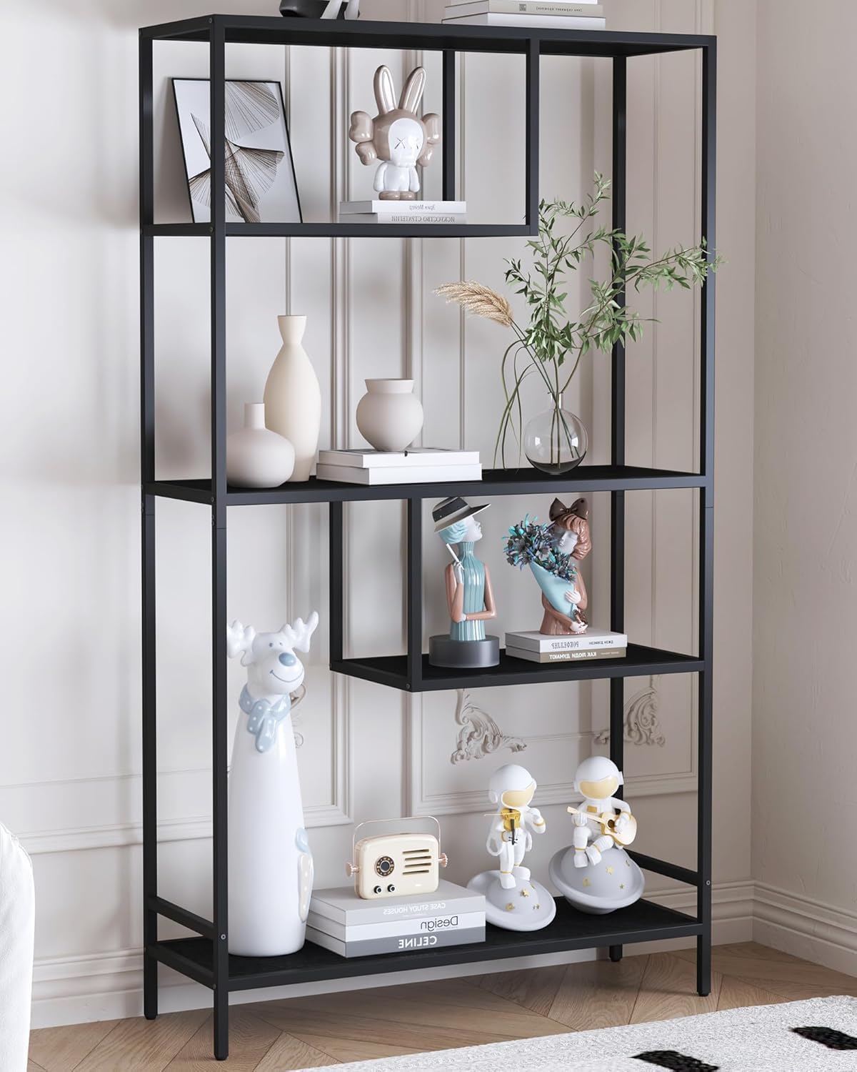 Yusong Black Bookshelf, Industrial Bookcase Open Storage Shelves with Metal Fram...