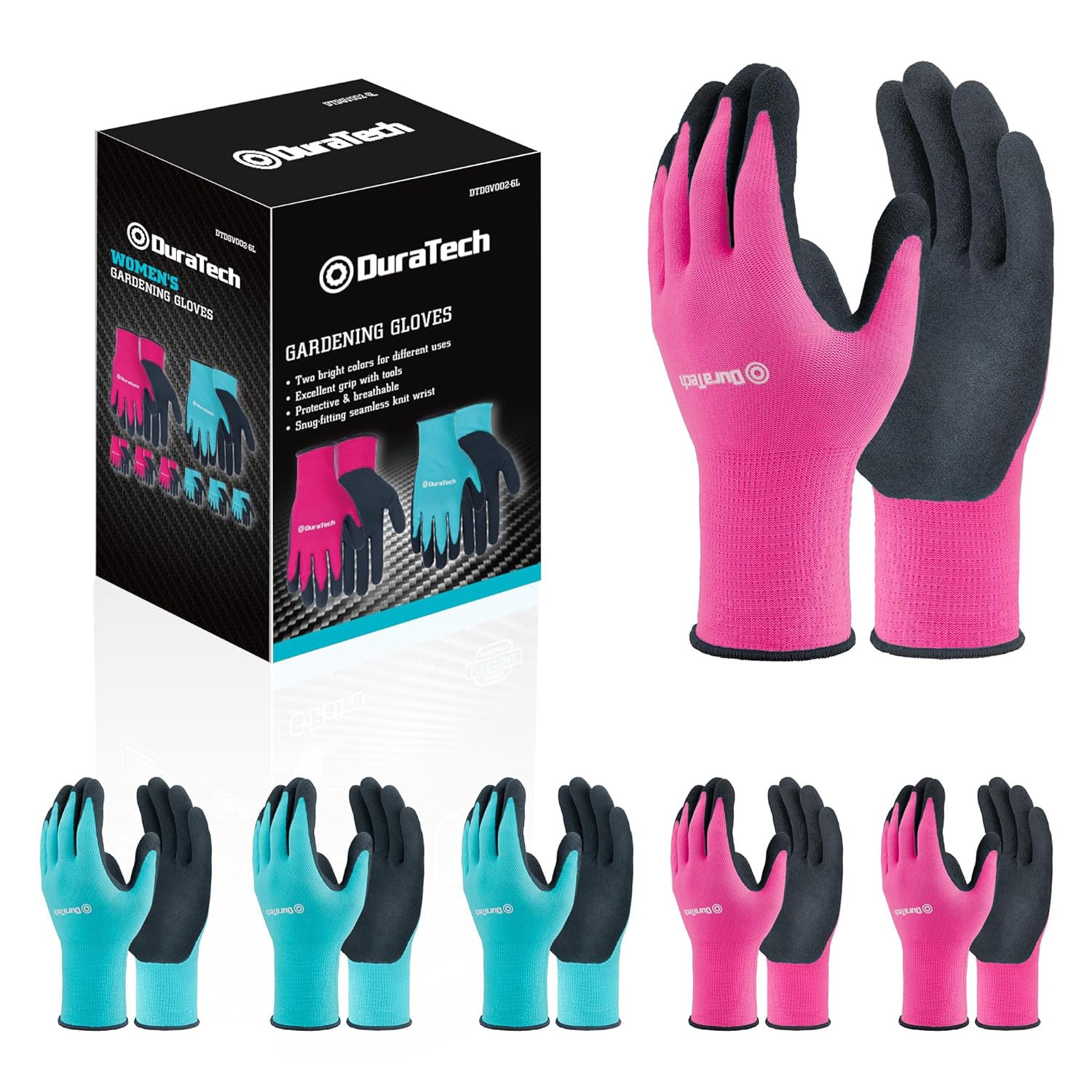 DURATECH 6 Pairs Garden Gloves, Work Gloves with Latex Coating, Pink & Blue, Lar...