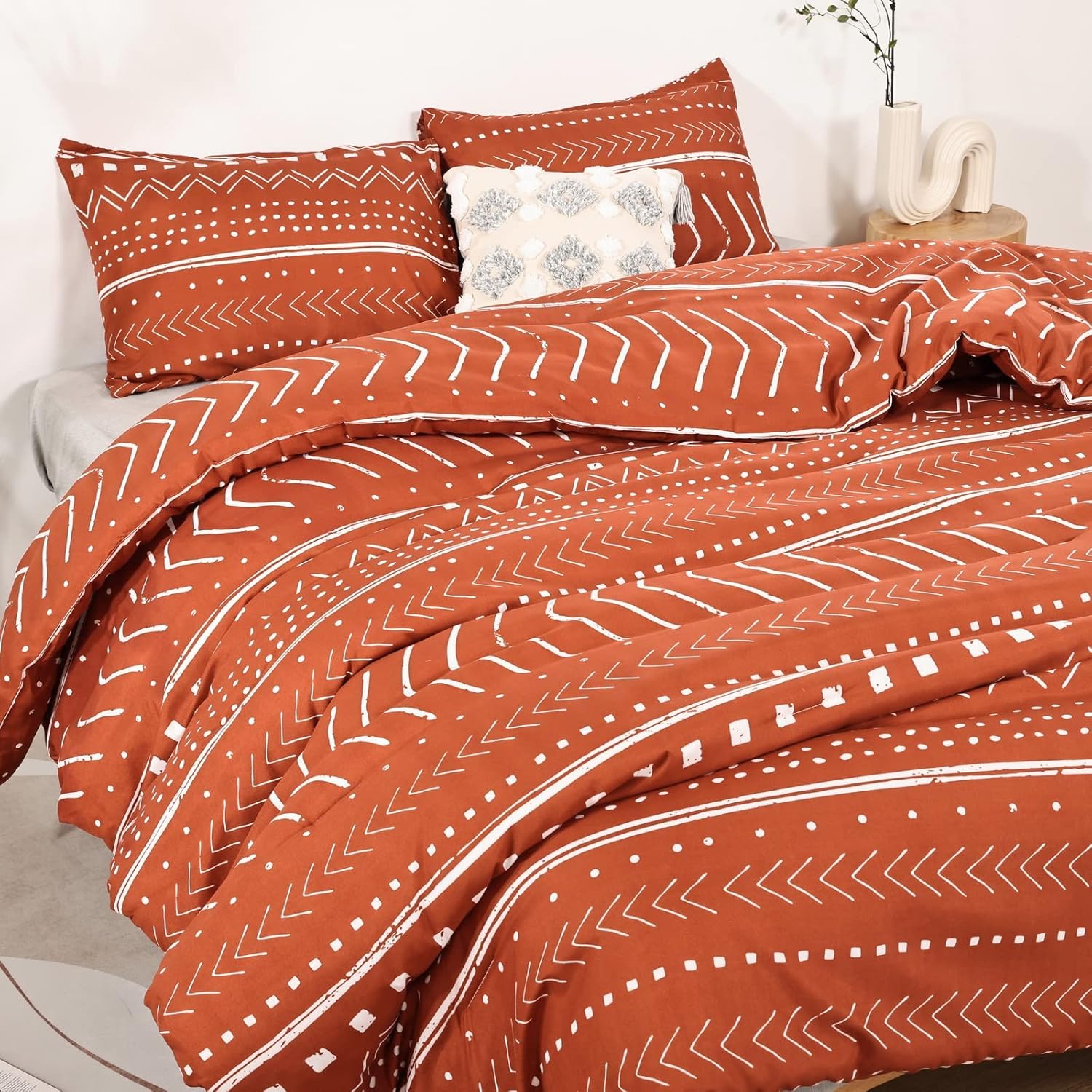 Smoofy Aztec Terracotta King Size Comforter Set, Folkloric Art Pattern Bedding S...