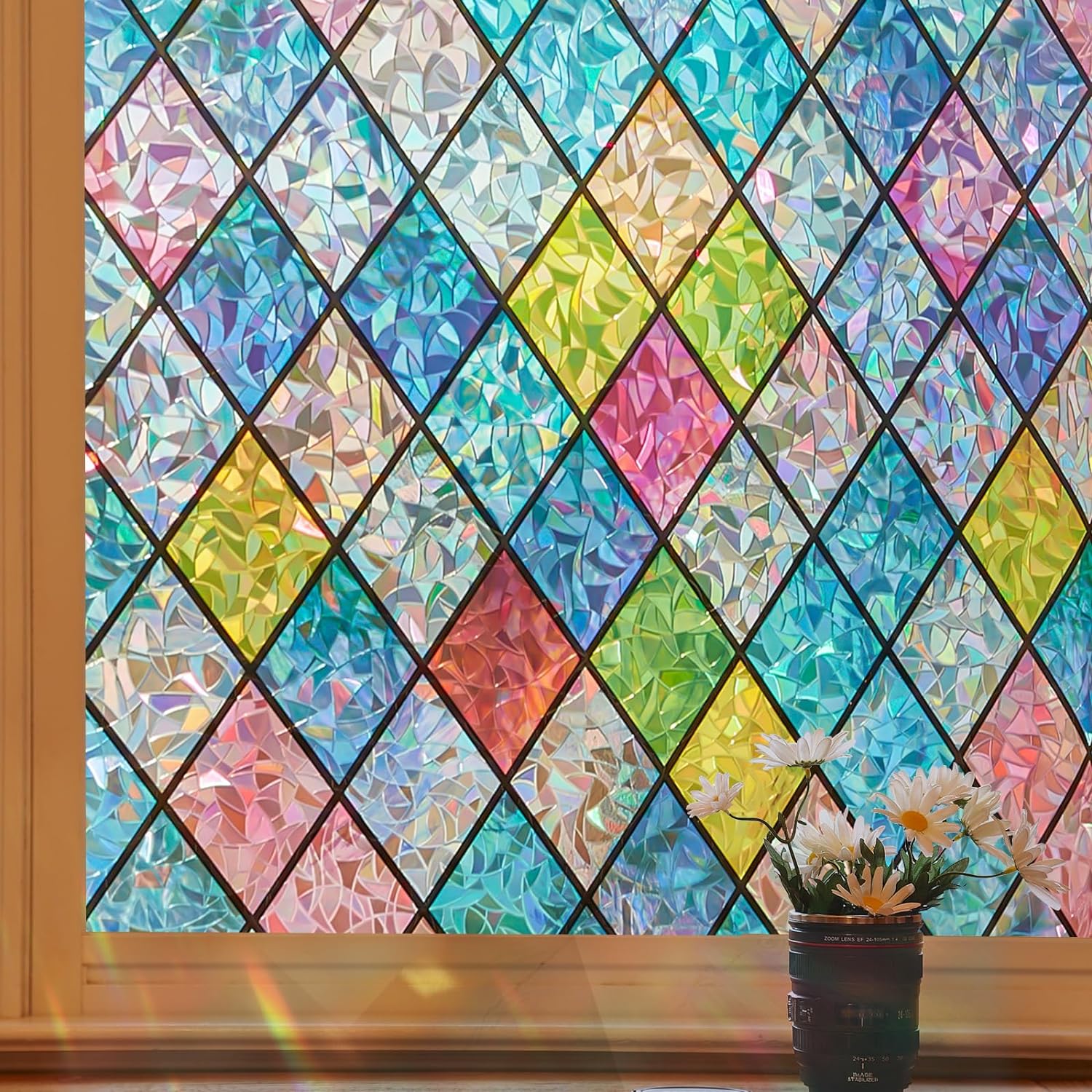 Coavas Window Privacy Film Stained Glass Window Clings 3D Rainbow Film for Glass...