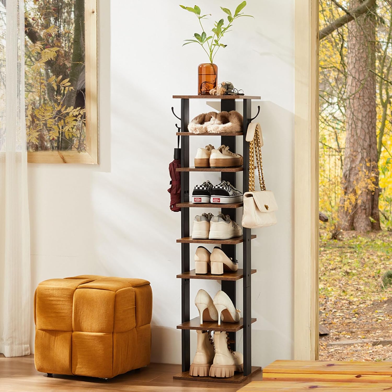 YOUDENOVA Narrow Shoe Rack 7 - Tier Wood Shoe Shelf Tall Shoe Storage Cabinet Sl...