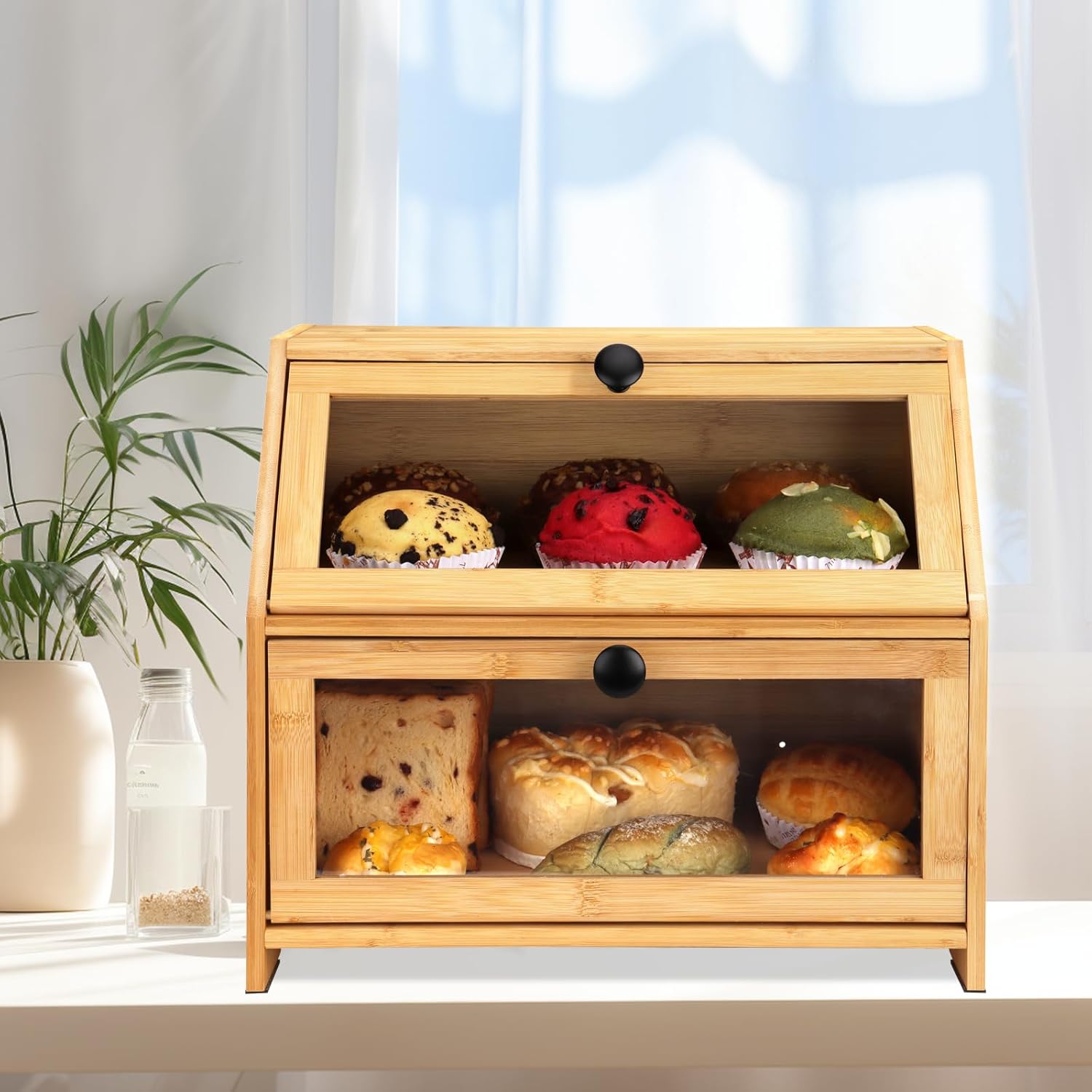 RayLove Bamboo Bread Bin, 2-Layer Bread Box Large Capacity Bread Storage for Kit...