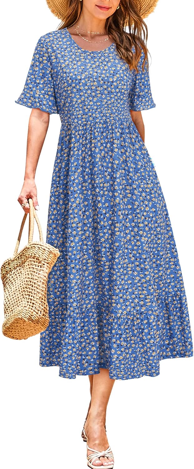 STYLEWORD Women Summer Dress Floral Short Sleeve Ladies Casual Swing Midi Dress...