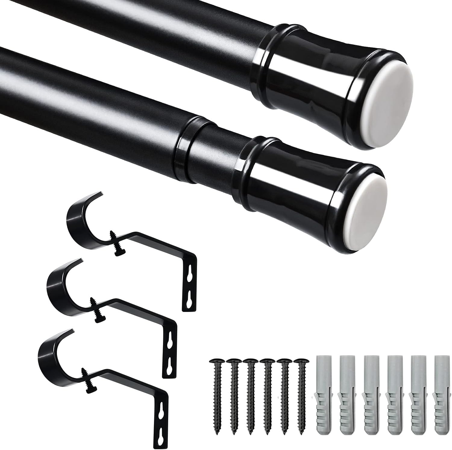 Zindoo Curtain Poles with Round Finials, 81 to 345 cm Black Curtain Rod with Bra...