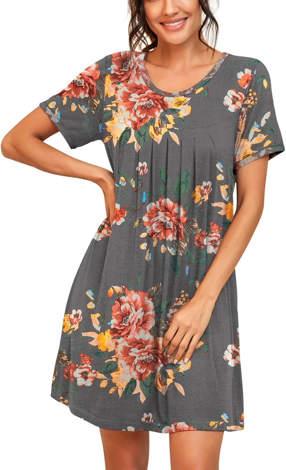 PrinStory Womens Nightdress Pleated Nighties Short Sleeve Nightshirt Scoopneck S...
