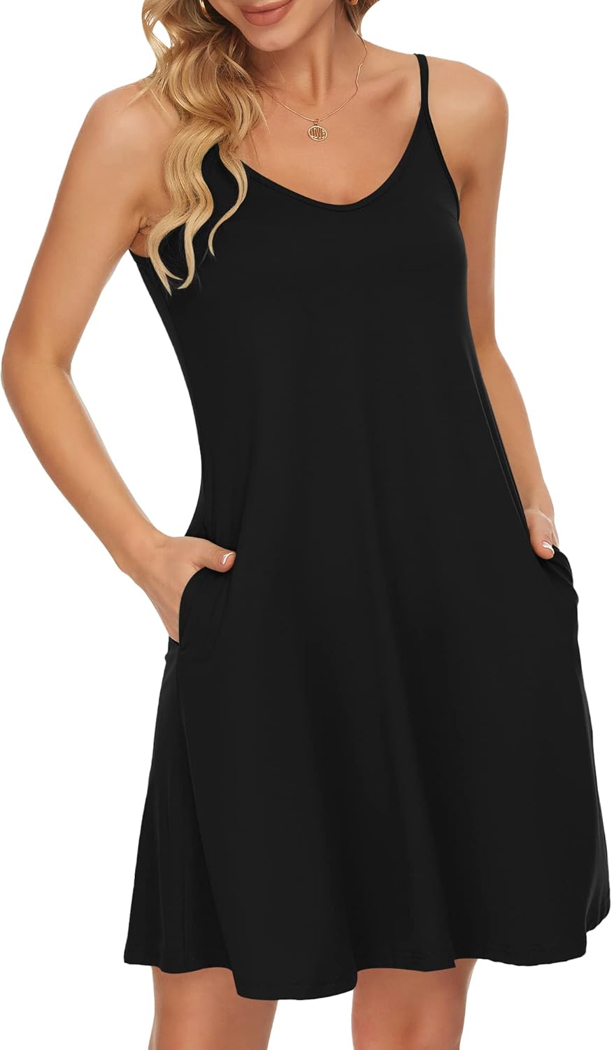 WNEEDU Womens Summer Spaghetti Strap Dress Black L