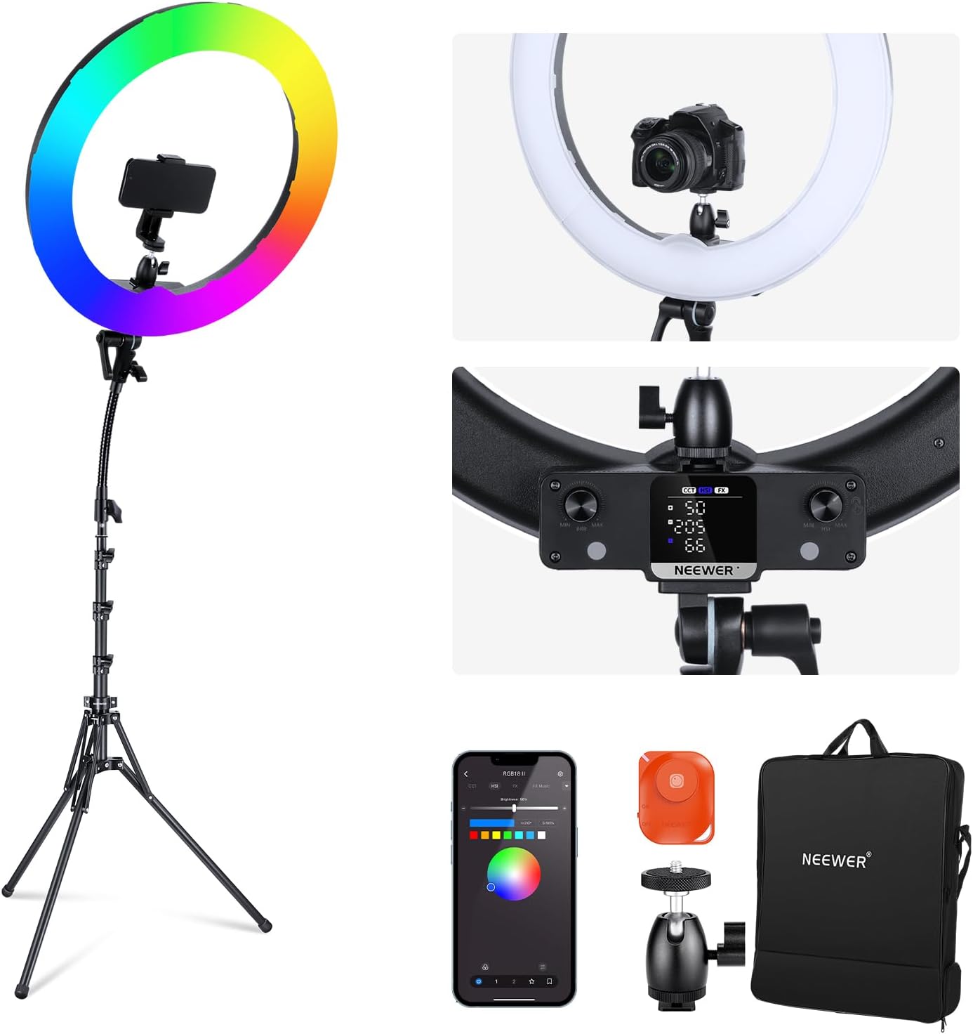 NEEWER 18 Inch RGB LED Ring Light APP Control with Stand and Phone Holder, 42W D...