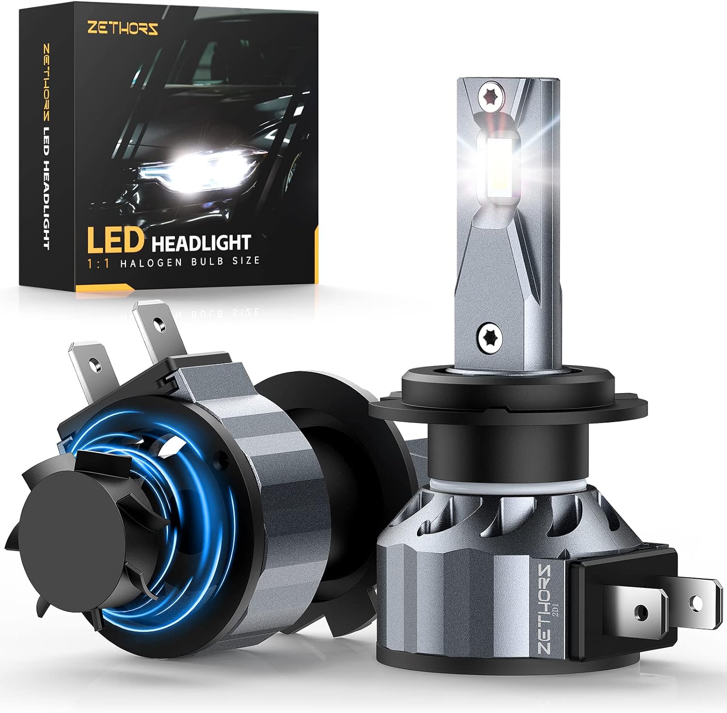 Zethors H7 LED Headlight Bulbs, 2 PCS 80W 16000LM 6000K Wireless Headlight Car C...
