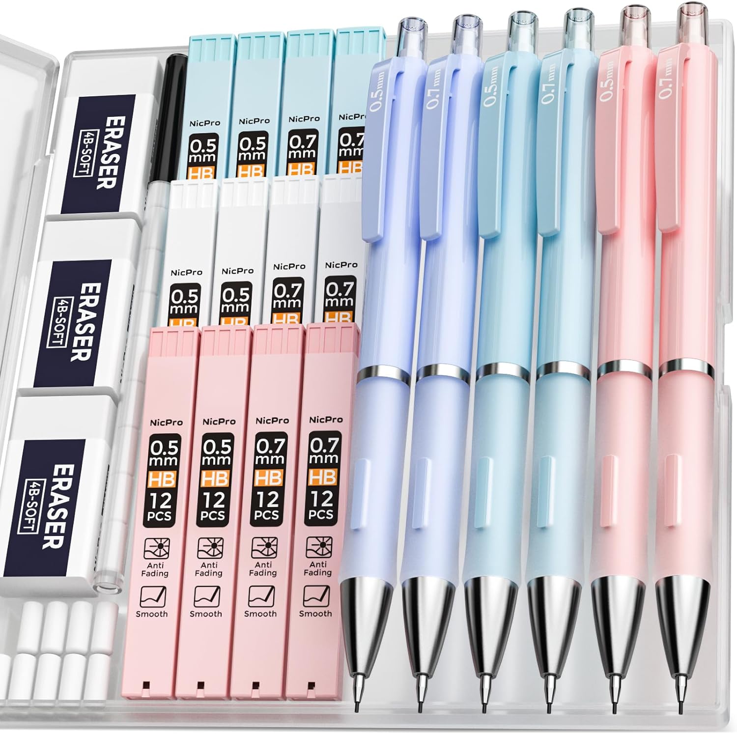 Nicpro 6PCS Pastel Mechanical Pencils Set with Case, 0.5 mm & 0.7 mm Cute Automa...
