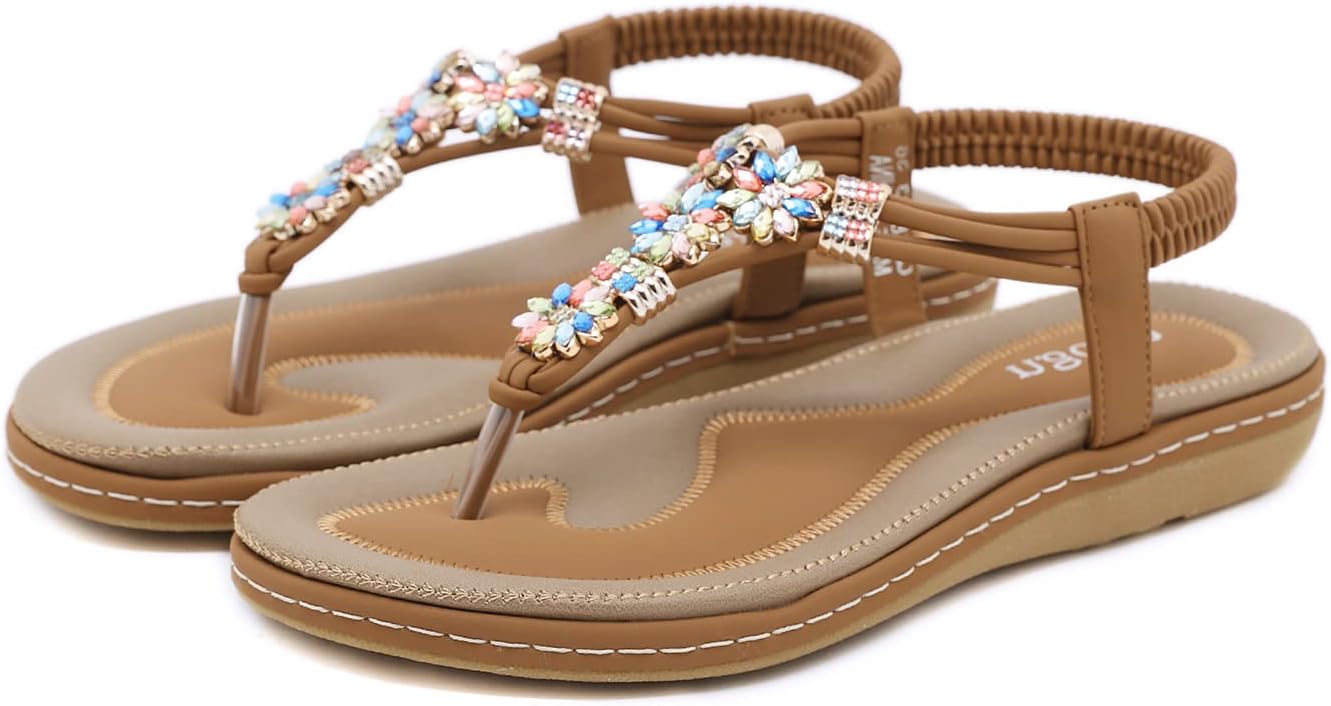 FOGOIN Sandals Womens Ladies Flip Flops Summer Flat Leather Sandal Toe Post Bohe...